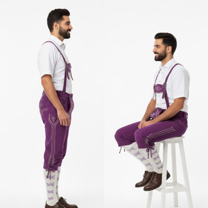 Lederhosen pour homme en cuir violet avec broderie, taille haute, style traditionnel bavarois pour l'Oktoberfest - Product Image 3