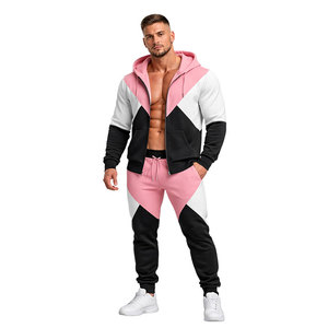 Ensemble de survêtement pour homme rose et noir à blocs de couleur, sweat à capuche zippé et pantalon de jogging, tenue décontractée pour la gym, le fitness, la course et le streetwear - Product Image 4