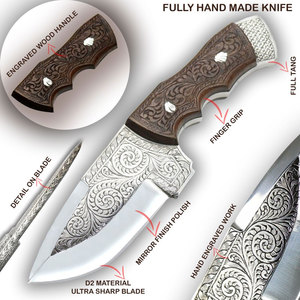 Cuchillo de Caza Personalizado Hecho a Mano con Acero D2, Grabado a Mano, Empuñadura de Madera, Hoja de 6-7.9 Pulgadas, Cuchillo Multiusos para Exteriores - Product Image 2