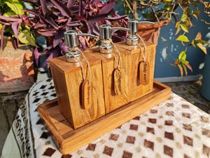Wooden <b>Bathroom</b> <b>Dispenser</b> <b>Set</b> Four-Piece Rectangle Minimalist Style With Pump Tops For Shampoo Conditioner Body Wash - Product Image 3