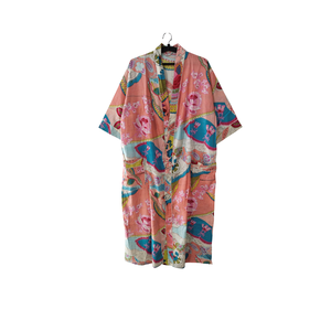 Bata Kimono Artesanal de Algodón con Estampado Floral |   Bata Larga Estampada a Mano para Mujer |   Ropa de estar por casa tipo spa de manga larga con cuello en V - Product Image 1