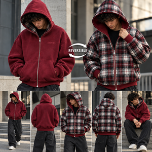 ONEAPEX Veste à capuche réversible bordeaux et zippée, logo personnalisé, streetwear oversize, fabricant en gros - Product Image 3