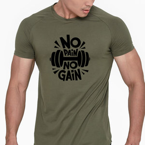 Men's Olive Green Short Sleeve T-Shirt With <b>No</b> Pain <b>No</b> Gain Dumbbell Print O-Neck Casual Slim Fit Jersey Cotton - Product Image 1