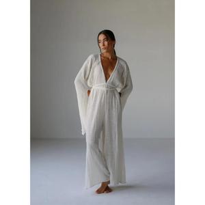 Elegante Vestido Largo Kaftan de Algodón Blanco con Cintura Alta para Mujer, Cuello en V Profundo, para Yoga, Playa, Resort, Estilo Boho, Vestido de Noche - Product Image 6