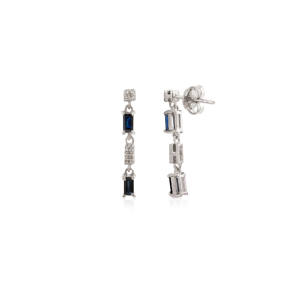 Trendy Women's 925 Sterling <b>Silver</b> <b>Dangle</b> <b>Earrings</b> Natural Baguette Blue Sapphire & Round Diamond Fine Jewelry Wholesale - Product Image 5