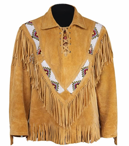 Mens Tan <b>Suede</b> Western Fringe Shirt Native Western Beaded Lace Up Cowboy <b>Jacket</b> with long sleeve Low MOQ Reasonable Price - Product Image 3
