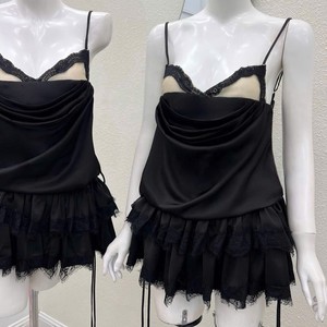 Vestido Mini de Mujer Estilo Coreano con Cuello Drapeado, Manga Acampanada, Corte en A, Ribete de Encaje, Transpirable, 100% Algodón, Tela de Pana, para Fiesta - Product Image 2