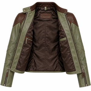 <b>Womens</b> Green <b>Brown</b> <b>Leather</b> <b>Jacket</b> Contrast Patchwork Stand Collar Biker Coat Zip Outerwear Slim Fit Custom <b>Women</b> Riding Apparel - Product Image 5