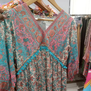 Hot Selling Vintage-Inspired Paisley Boho Tunic Dress <b>Balloon</b> Sleeves Women Pastel Floral Ethnic Empire Waist Summer Print Dress - Product Image 1