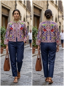 Chaqueta Corta de Invierno para Mujer, con Cuello Mao, Manga Larga, Tejido de Punto con Apliques Florales Bordados a Mano en Terciopelo de Algodón, Estilo Boho - Product Image 5