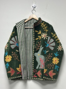 Chaqueta Bomber Unisex de Manga Larga, 100% Algodón Ecológico, Reversible, con Bordado Floral Hecho a Mano, Diseño de Conejo, Arte Folclórico Suzani - Product Image 1