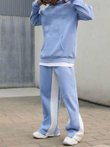 Conjunto Deportivo OEM 100% Algodón Felpa, Sudadera con Capucha y Cordón Ajustable, Pantalones Anchos para Invierno, Color Azul Claro Personalizado con Estampado - Product Image 6