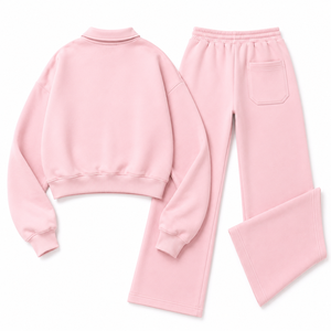 Conjunto de Sudadera y Pantalones Anchos de Pierna Recta con Cuello Polo Rosa Personalizado, Ajuste Relajado, Estilo Lounge, Fabricación OEM de Ropa de Manga Larga Personalizada - Product Image 4