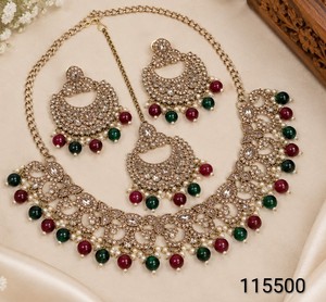 Ensemble de bijoux en laiton à motif floral ethnique, plaqué or antique, zircon, perles d'imitation, collier et boucles d'oreilles pour femmes - Product Image 2
