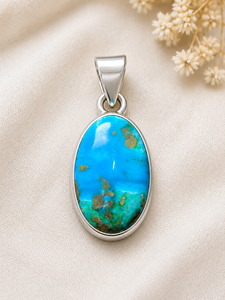 Colgante de Plata 925 con Piedra Preciosa Ovalada de Turquesa 100% Natural |   Cabujón de Turquesa Azul, Joyería de Regalo Bohemia para Niños |   Hecho a Mano - Product Image 3