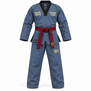 Conjunto de práctica de Taekwondo al por mayor con camiseta de cuello en V, pantalones de pierna ancha, logotipo bordado en el pecho y uniforme duradero OEM - Product Image 1