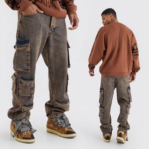 Jeans cargo modernes délavés à l'acide pour hommes avec coutures renforcées Poches fonctionnelles Étiquettes personnalisables et image de marque - Product Image 5