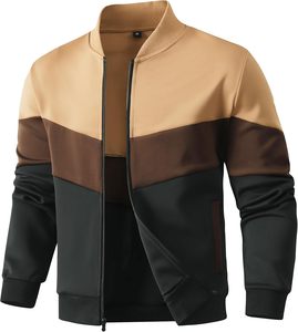 Blouson bomber pour homme à blocs de couleur, col montant, fermeture éclair, en polyester, pour l'automne, style décontracté - Product Image 1