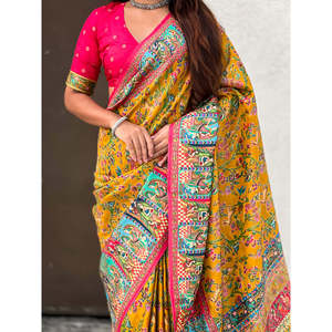 Sari Darbari Elite Weaves en soie viscose pure jaune moutarde, imprimé positionné, 750g, pour robes de cocktail - Product Image 1