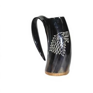 Mug de haute qualité fait main, inspiré du monde viking et nordique, avec logo du loup Fenrir de Game of Thrones, en véritable corne de buffle, pour bière, cidre, méad et vin. - Product Image 4