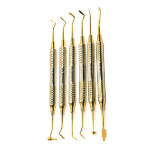 Instrumentos Quirúrgicos Dentales: Raspadores de Acero Inoxidable, Diseño Personalizado, Color Dorado, para Rellenos Dentales Planos de Composite - Product Image 1
