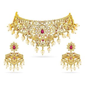 Ensemble collier, boucles d'oreilles et parure de tête plaqué or avec perles d'imitation, motif floral, bijoux de mariage classiques pour femmes - Product Image 1
