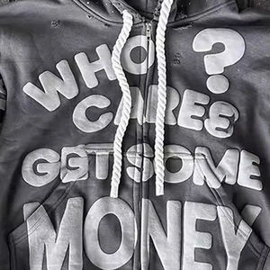 Sweat à capuche personnalisé avec strass, style hip-hop streetwear oversize, fermeture éclair, pour hommes et femmes, avec impression diamantée en relief - Product Image 2