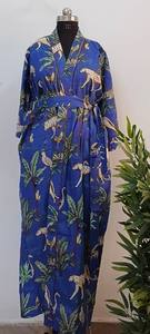 Batas Kimono de Algodón Hechas a Mano para Mujer con Estampado Tropical de Animales, Batas Kimono Largas con Estampado de Cuadros y Tigre con Cinturón, Batas para Spa y Descanso - Product Image 3