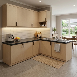 Muebles de Cocina Modulares Modernos de Madera en Forma de L con Encimera de Cuarzo Negro, Fregadero Doble, Base y Isla - Product Image 5