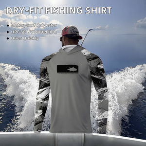 Sweat à capuche de pêche à manches longues pour homme, gris avec manches camouflage, protection UPF 50 anti-UV, vêtements de pêche en haute mer, logo imprimé sur le devant - Product Image 3