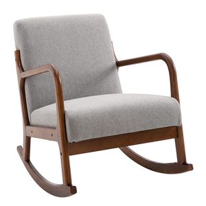 Poltrona a dondolo in tessuto di lino grigio con Base in legno imbottito per soggiorno - Product Image 1