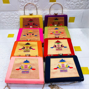 Handmade Silk Embroidered Clutch Bag with Metal <b>Frame</b> Handle | Ethnic Designer Peacock Motif Bridal Party Handbag for Women - Product Image 1