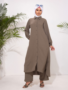 Robe Abaya deux pièces pour femmes, maxi, couleur unie, manches longues, col rabattu, coupe ample, 100% polyester, tenue décontractée pour tous les jours - Product Image 2