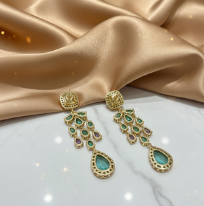 Boucles d'oreilles pendantes multicolores en pierres, 15 g, argent 925 plaqué or 18 carats, bijoux de mariage, boucles d'oreilles longues, cadeau pour elle - Product Image 4