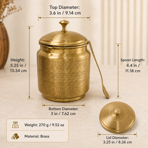 Pot à ghee en laiton gravé à la main SHUBHAM avec couvercle et cuillère, récipient de stockage traditionnel pour le beurre, le ghee et les aliments secs - Product Image 4