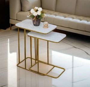 Modern <b>Marble</b> <b>Top</b> Nesting <b>Tables</b> with Gold Metal Frame Luxury Living Room <b>Side</b> <b>Table</b> Set At Best Price - Product Image 2
