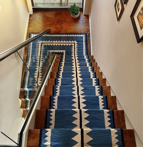 Blue Modern Woven Geometric Stair Rugs Set Kilim Style Non-Slip Rubber Backing for <b>Home</b> Hallway <b>Steps</b> Prayer - Product Image 1