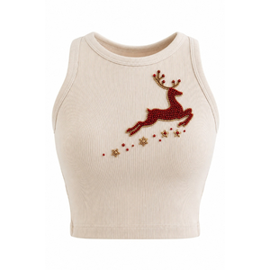 Elegant Women's Beaded Reindeer Tank <b>Top</b> Knitted Ribbed Crew <b>Neck</b> Sleeveless Crop <b>Top</b> - Product Image 1