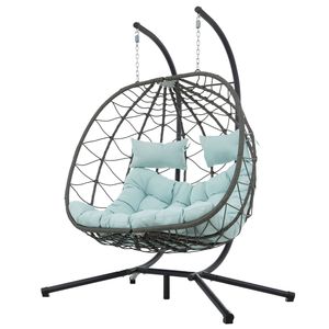 Sedia a dondolo a forma di uovo per 2 persone, da interno/esterno, in vimini, con supporto, per patio, giardino e uso interno/esterno - Product Image 2