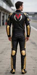 Conjunto de Chaqueta y Pantalones de Motociclismo de Cuero Negro y Dorado con Estampado Personalizable para Hombre - Product Image 3