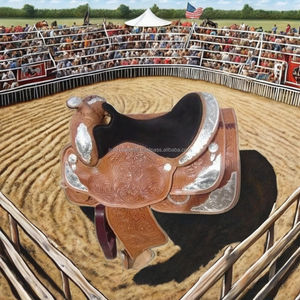 Selles western en cuir véritable, fabriquées à la main, sculptées à la main avec des plaques décoratives plaquées argent, pour l'équitation et la compétition. - Product Image 4