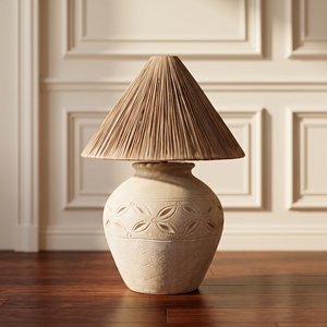 Lámpara de Mesa Rústica de Cerámica con Pantalla de Rafia Plegada, Base Curva Ondulada, Estilo Wabi Sabi, Lámpara de Noche Minimalista con Base para Bombilla E27, Estilo Bali - Product Image 3
