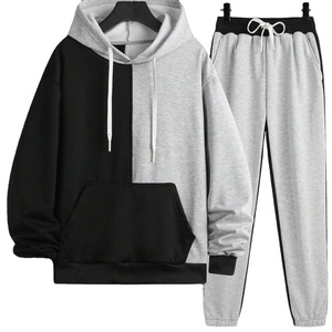 Ensemble de survêtement athlétique 2 pièces pour homme en coton 100 % : sweat à capuche bicolore avec cordon de serrage et pantalon de sport - Product Image 1