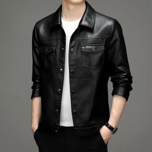 Nouvelle veste en cuir PU marron foncé pour homme, coupe ajustée décontractée, col rabattu, fermeture boutonnée, pour l'automne - Product Image 3
