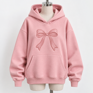 Sudadera con Capucha Rosa para Mujer, con Lazo Bordado en la Parte Delantera, Estilo Casual de Forro Polar, Manga Larga, Estilo Otoñal - Product Image 4