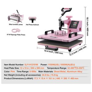 Pressa a Caldo 5 in 1 da 12 x 15 Pollici con Rotazione a 360 Gradi per Stampa su T-shirt e Tumbler da 30 oz - Product Image 5