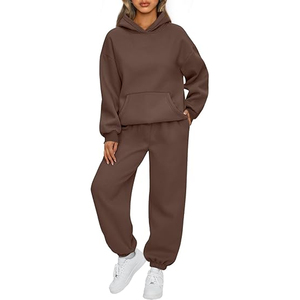 Ensemble survêtement décontracté 2 pièces pour femme : sweat à capuche marron et pantalon de jogging en molleton, coupe ample, manches longues, couleur unie - Product Image 1