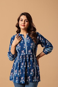 Top/Kurta de Algodón con Estampado Floral Azul para Mujer, Corte Regular, Largo Regular, Estilo Informal para Fiestas, Estilo India Pakistán, Secado Rápido - Product Image 4