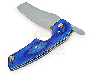 Navaja Plegable de Acero de Damasco Personalizada con Mango de Madera Azul, Cuchillo Premium para Camping y Uso General con Funda de Cuero OEM ODM - Product Image 2
