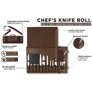 Leather Canvas Luxury Knife <b>Roll</b> <b>Bag</b> Chef Kitchen <b>Tool</b> Organizer Professional Storage Travel Case Zipper Waterproof LCKR-0011 - Product Image 5